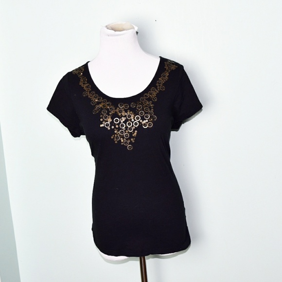Tops - Gorgeous Black and Brass Circle Neckline Top